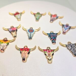 Colorful Bull Skull Charms Set.  12 Charms.